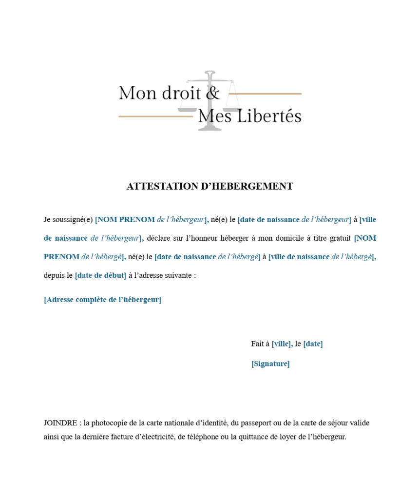 modèle attestation d hebergement MDML