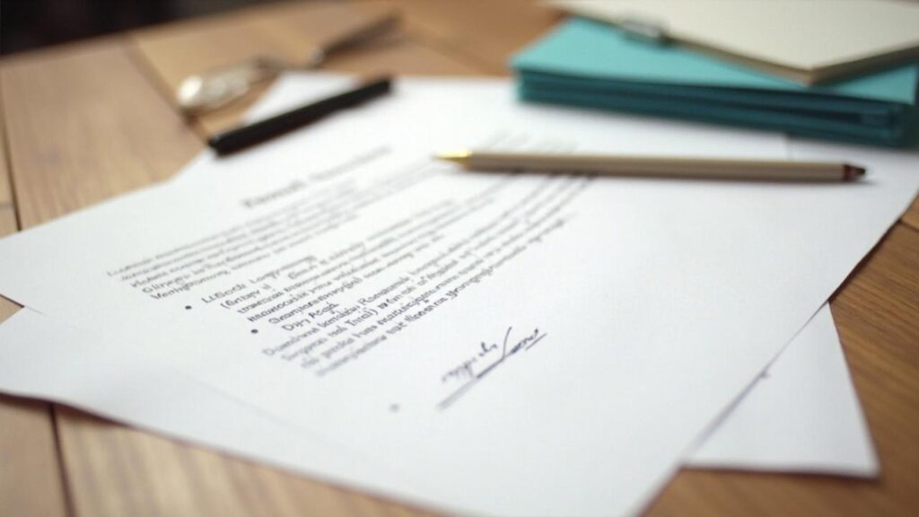 Image d'un document contractuel manuscrit avec signature sur un bureau en bois